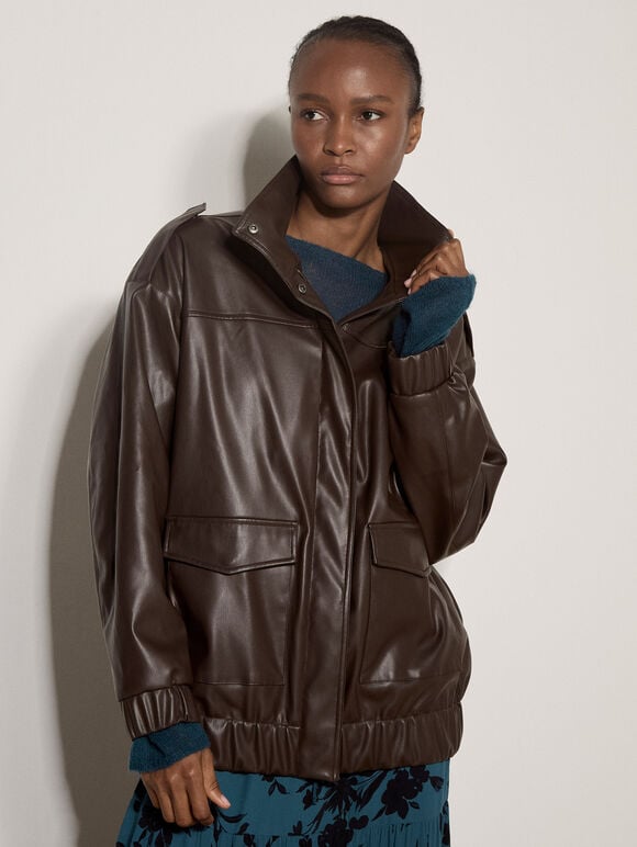 Oversized Faux Leather Jacket, Brown, large