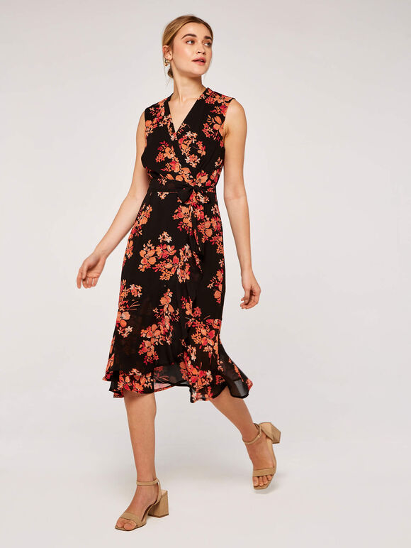 Graphic Floral Wrap Dress, Black, large