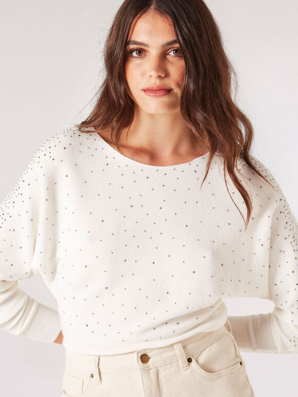 Pullover mit Fledermausärmeln und Nieten, Weiß, Größe L