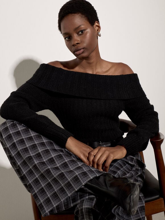 Ribbed Bardot Jumper, Black, large