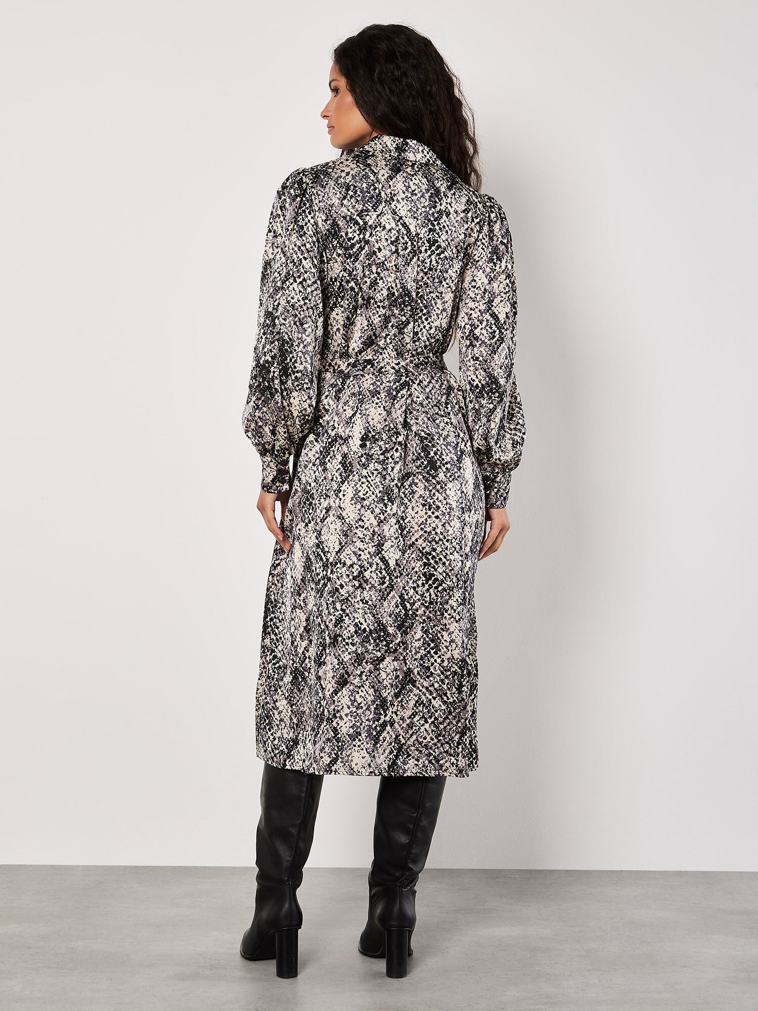 Snakeskin Print Satin Shirt Midi Dress Apricot Clothing
