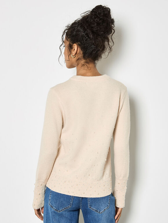 Pearl Embellished Ribbed Knit Jumper, Stone, large