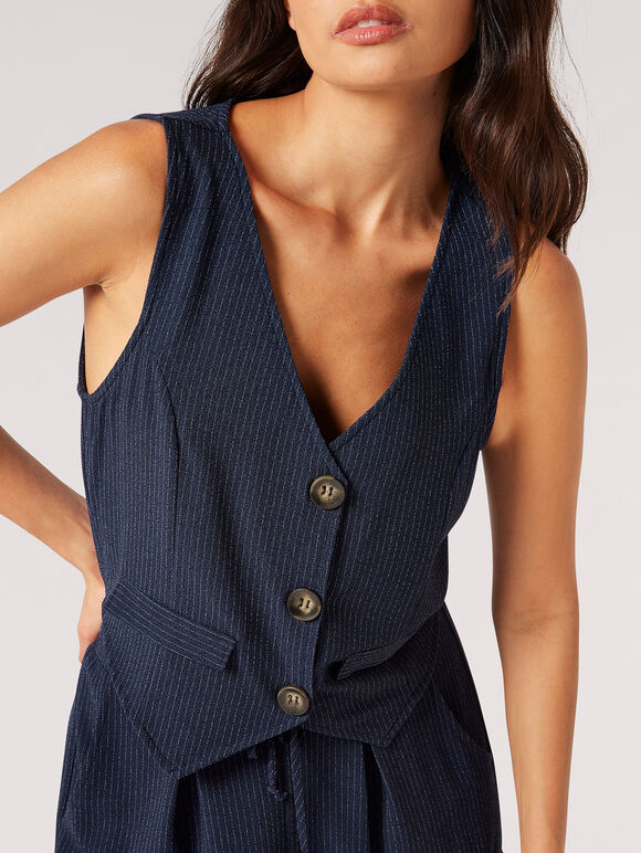 Textured Pinstripe Waistcoat, Navy, large