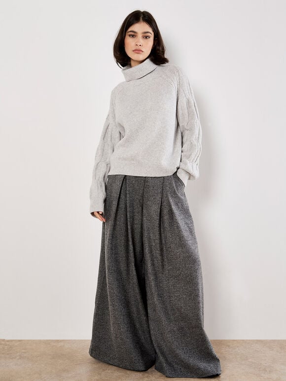 Cable Knit Roll Neck Jumper, Grey, large