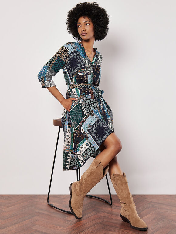 Patchwork Paisley Shirt Mini Dress, Navy, large