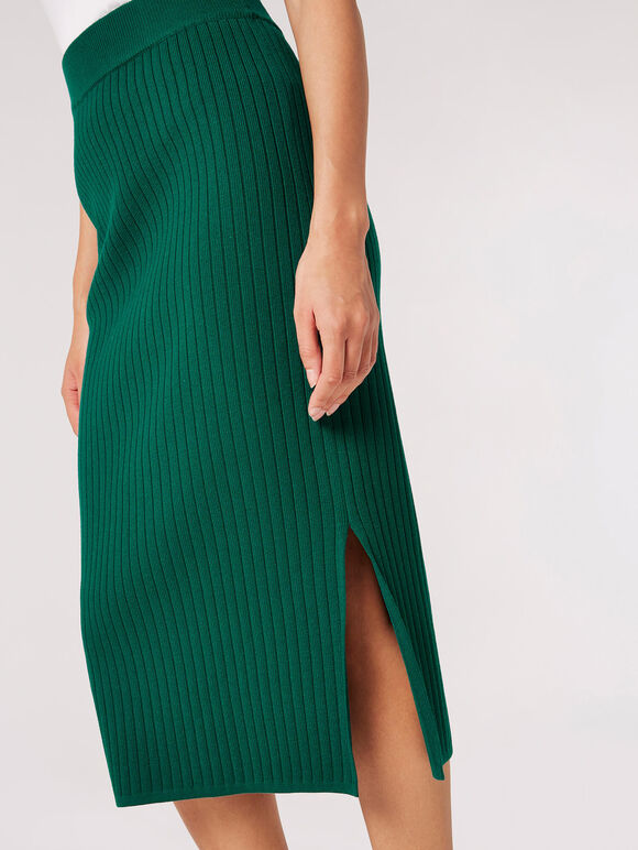 Ribbed Knit Midi Skirt, Green, large