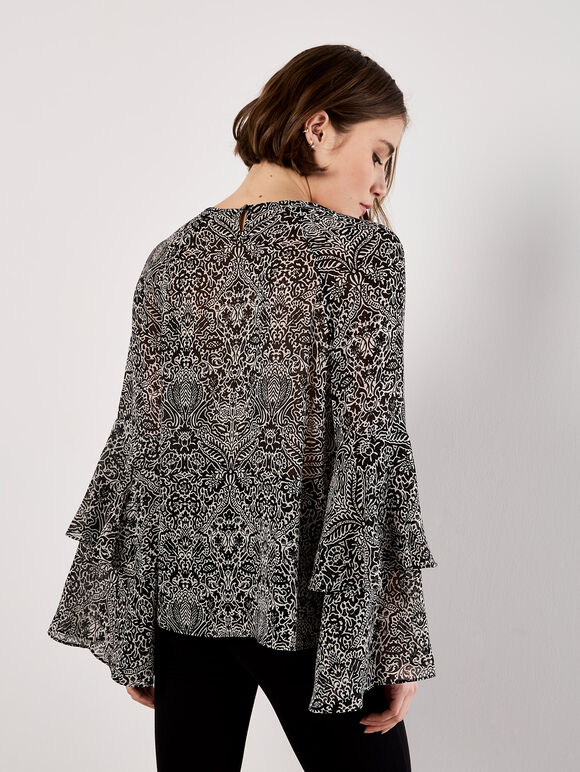 Paisley Print Ruffle Sleeve Blouse, Black, large
