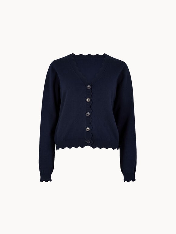 Scallop Hem Cardigan, Navy, large