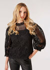 Puff Sleeve Floral Lace Top, Black, large