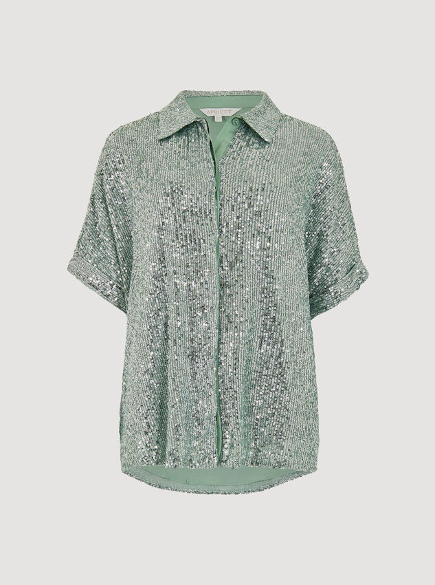 Sequin Embellished Relaxed Shirt, Mint, large