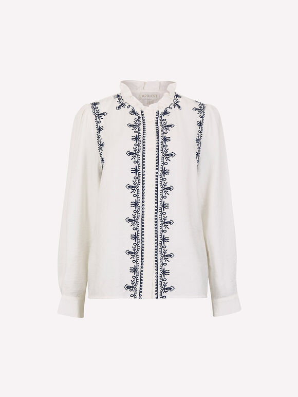 Ruffle Collar Embroidered Blouse, White, large