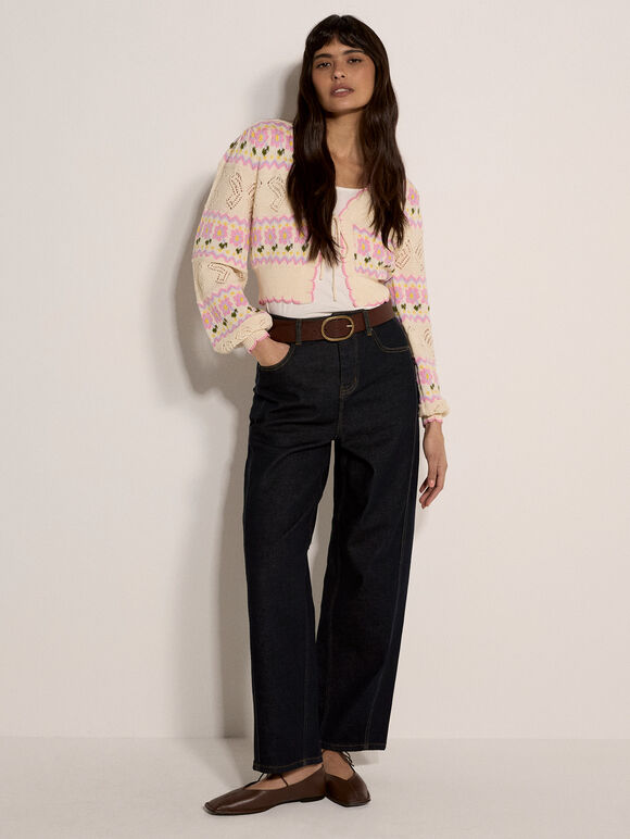 Pointelle Knit Butterfly Floral Cardigan, Stone, large