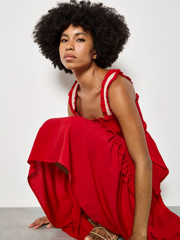 Tiered Lace Trim Midi Dress, Red, large