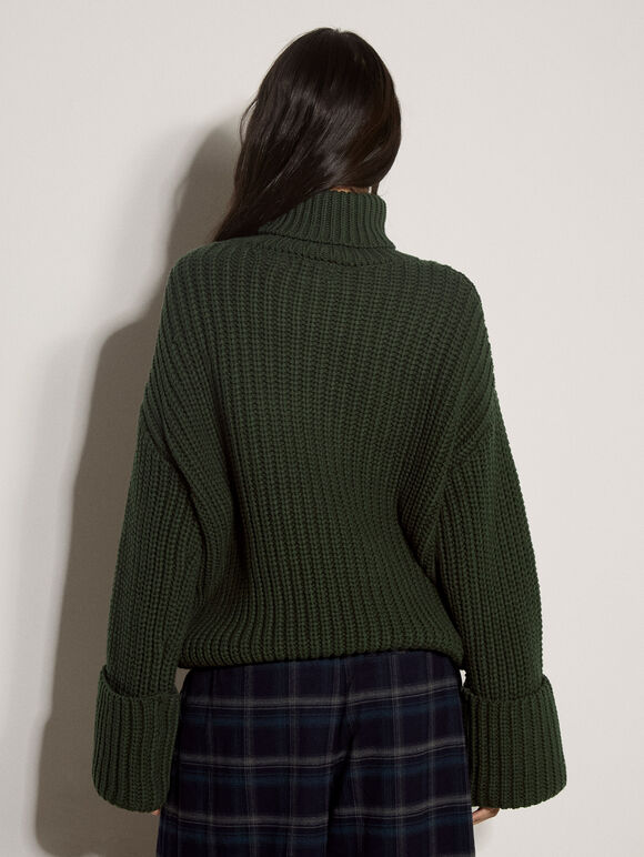 Chunky Knit Roll Neck Jumper, Green, large