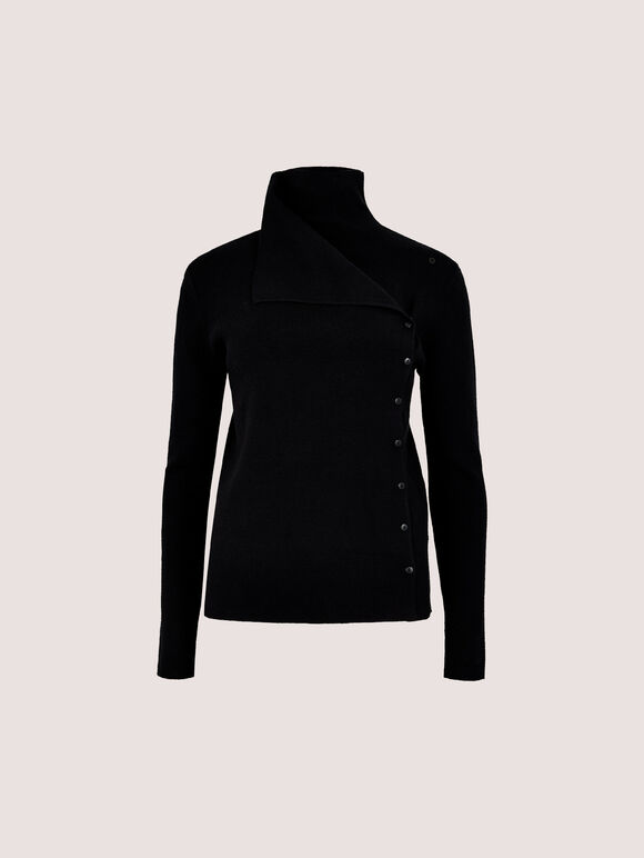 Ribbed Knit Asymmetric Cardigan, Black, large