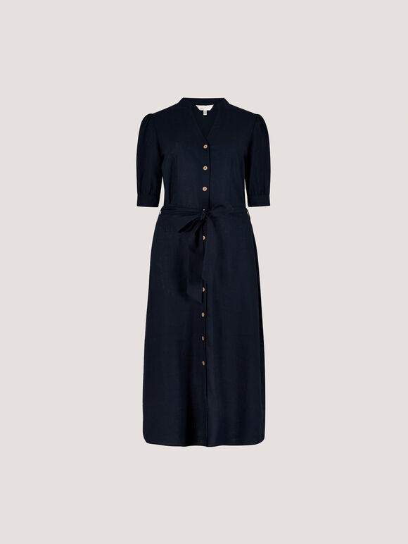 Button Down Linen Blend Midi Dress, Navy, large