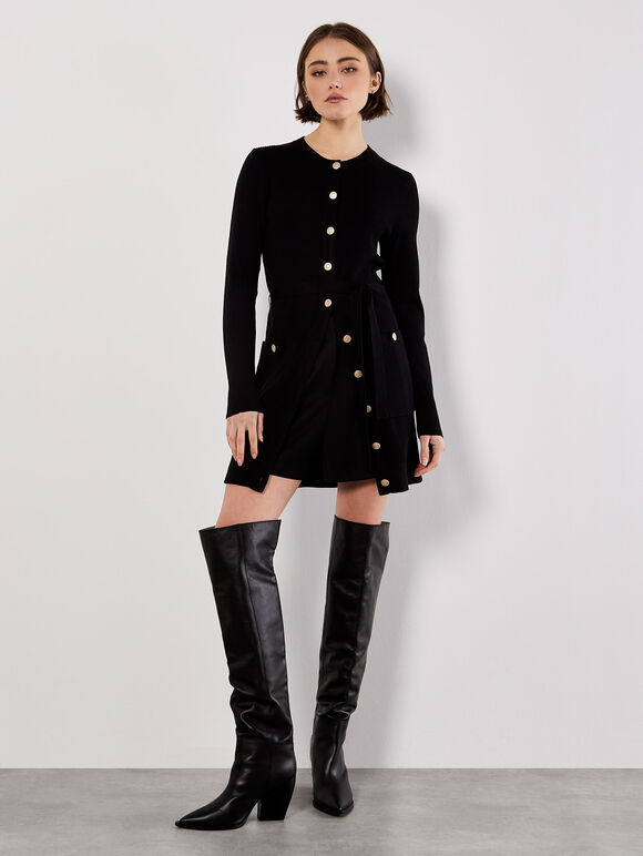 Ribbed Knit Button-Down Mini Dress, Black, large