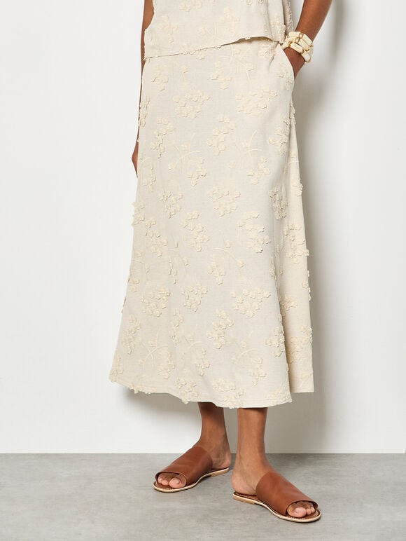 Embroidered Floral Linen Blend Midaxi Skirt, Stone, large
