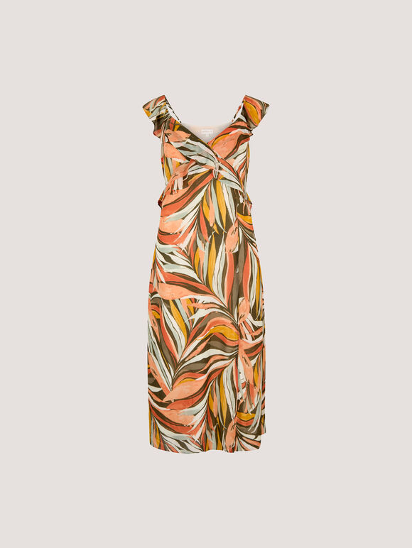 Palm Print Ruffle Midi Dress, Khaki, large