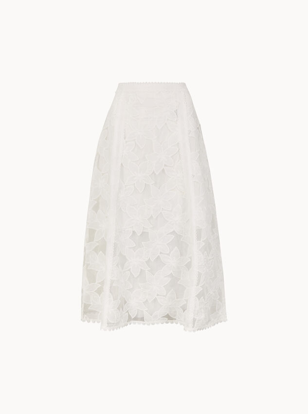 Floral Mesh Lace Midi Skirt, White, large