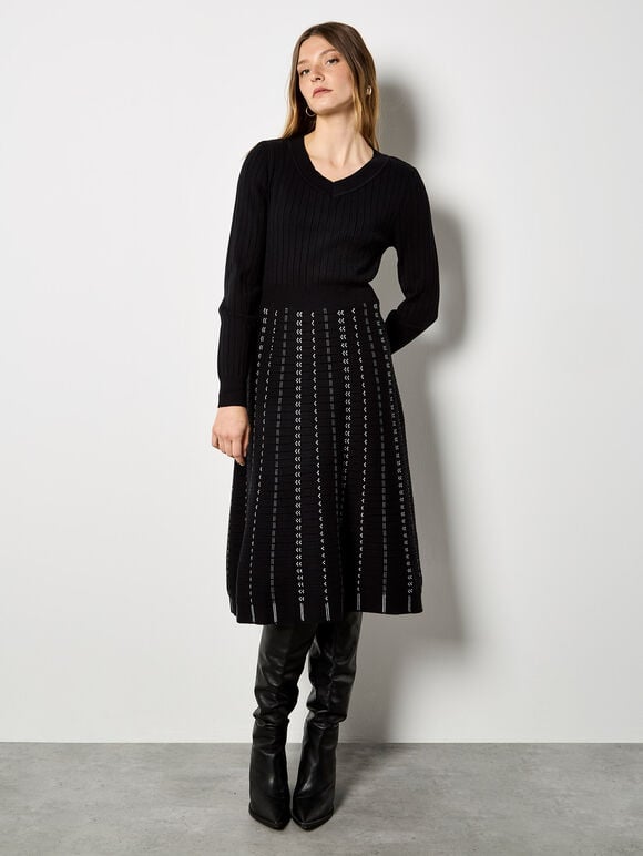 Mini Chevron Stripe Knitted Midi Dress, Black, large