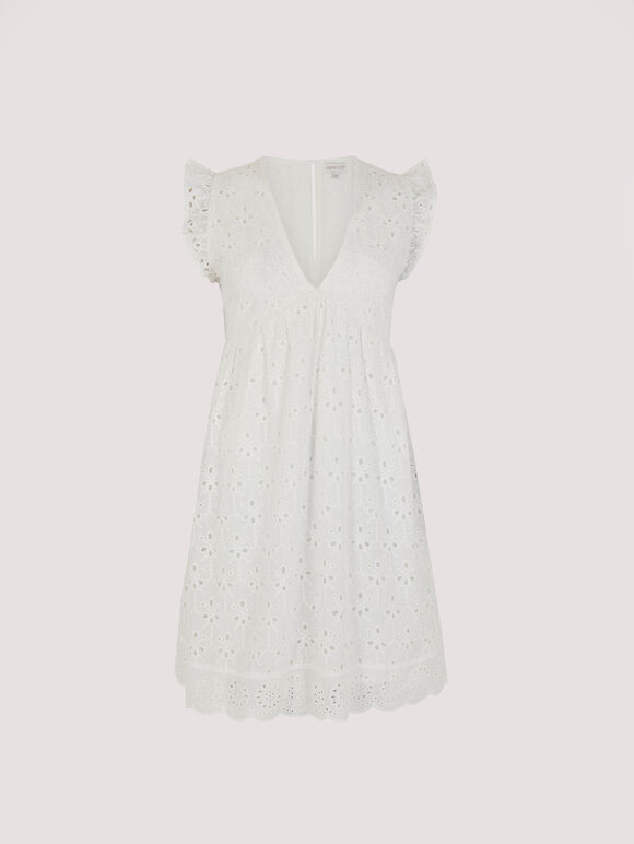 V-Neck Anglaise Mini Dress, White, large