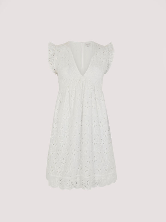 V-Neck Anglaise Mini Dress, White, large