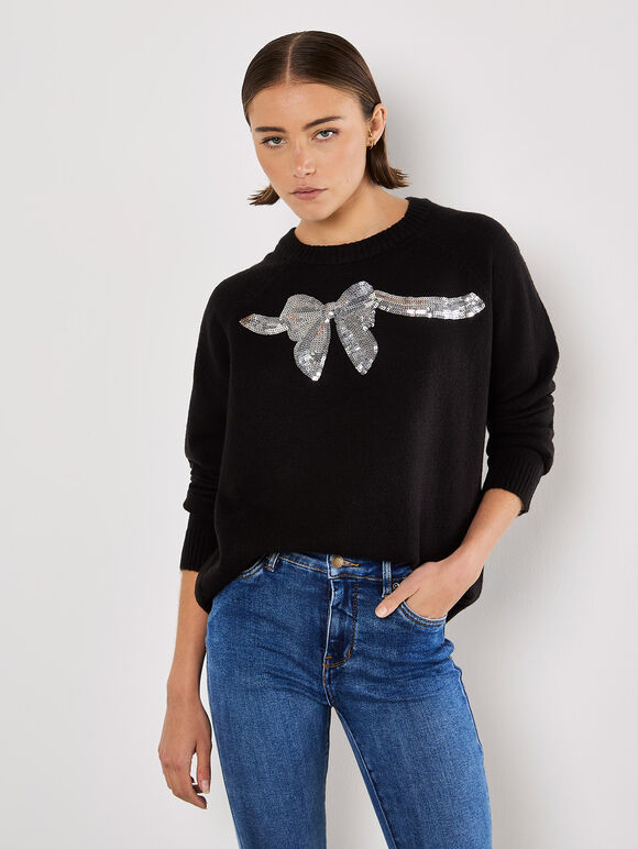 Sequin Embellished Bow Jumper, Black, large