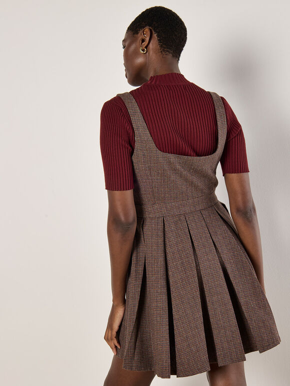 Check Pleated Skater Mini Dress, Burgundy, large