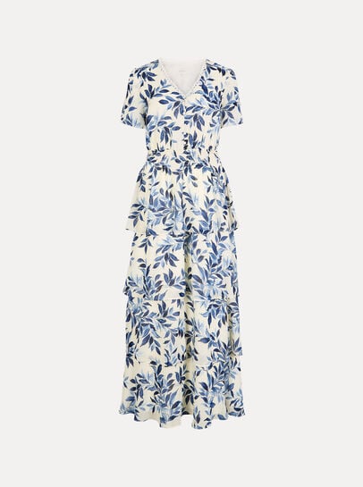 Watercolour Leaves Chiffon Tiered Maxi Dress