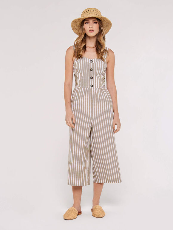 Striped Button Detailed Jumpsuit, Stone, large