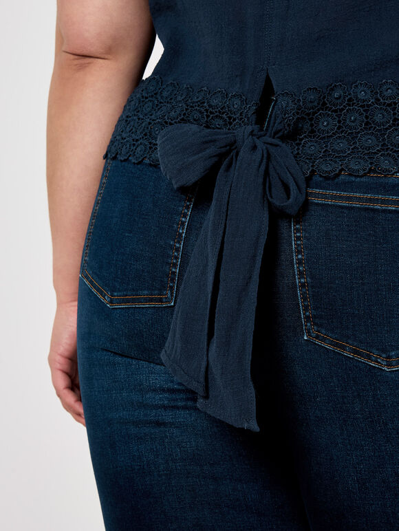 Cotton Lace Bow Top, Navy, large