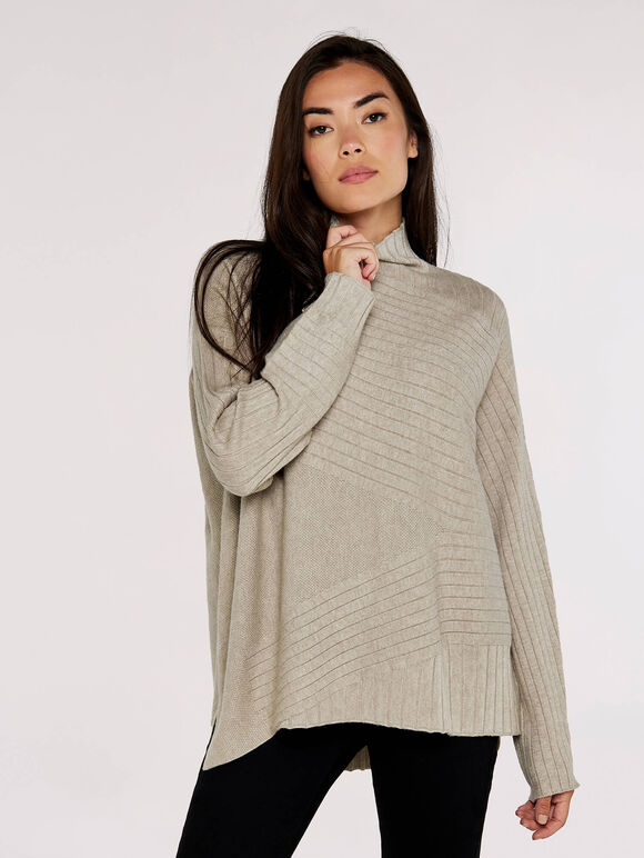 Waffle Assymetrical Hem Jumper, Stone, large