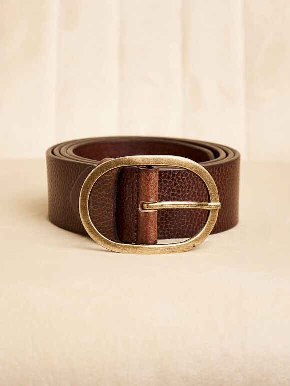 Ceinture fine en cuir à boucle dorée, marron, grande