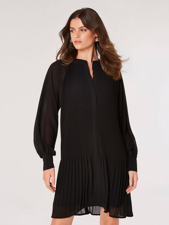 Plisse Chiffon Mini Dress, Black, large