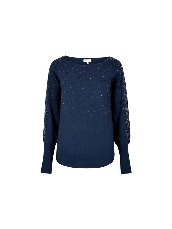 Diamante Ribbed Batwing Jumper, Navy, large