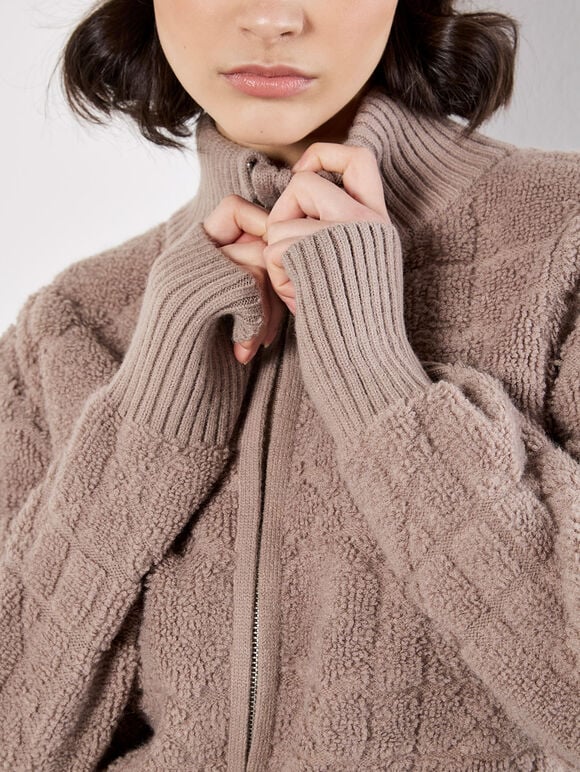 Boucle Knit Cropped Zip Cardigan, Brown, large