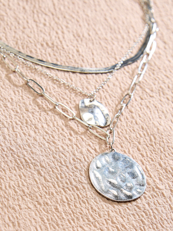 Silver Tone Layered Pendant Necklace, Silver, large