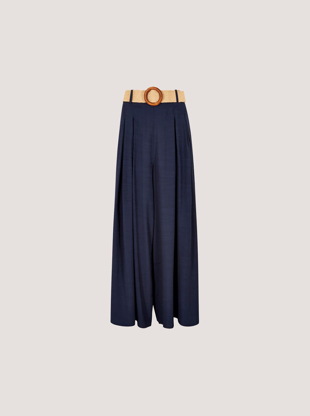Pleated Palazzo Trousers With Belt, Navy, large