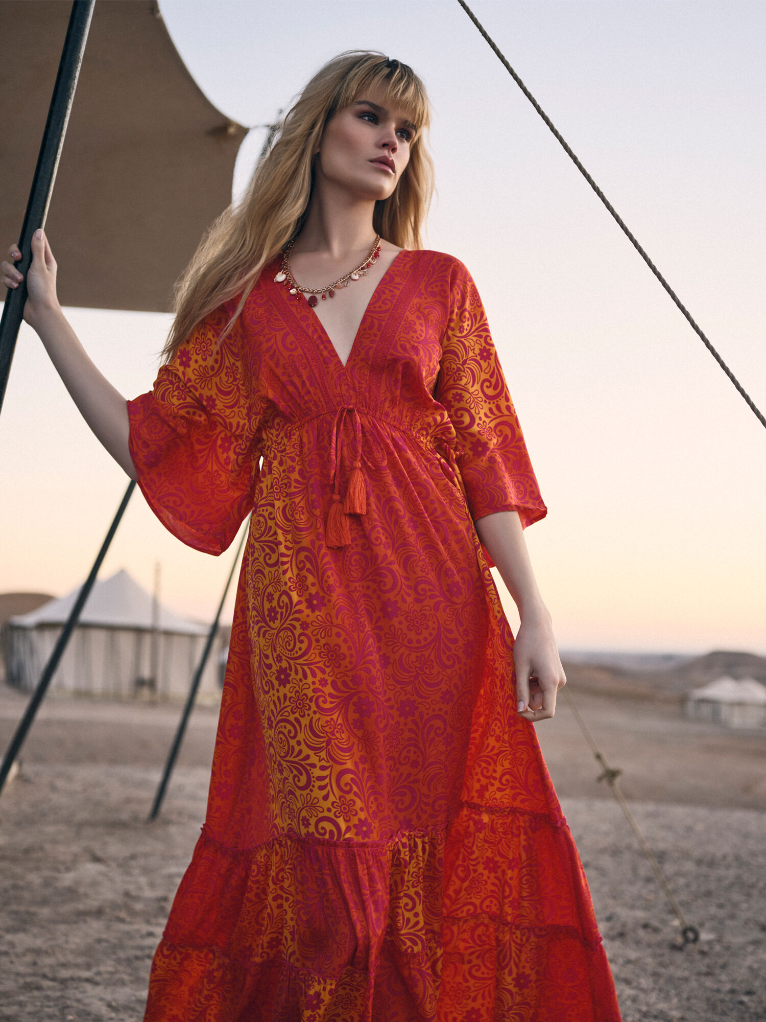 Floral Satin Kimono Kaftan Maxi Dress Apricot Clothing