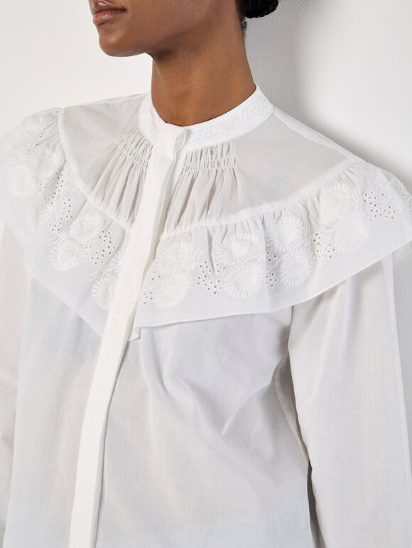 Embroidered Ruffle Shirt, White, large