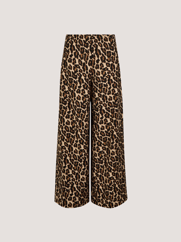 Leopard Print Wide-Leg Trousers, Brown, large