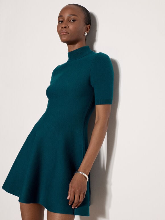 Fit And Flare Ribbed Knit Mini Dress, Teal, large