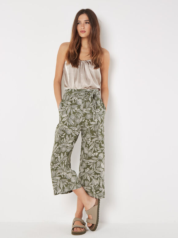 Batik Leaf Culotte Trousers, Khaki, large