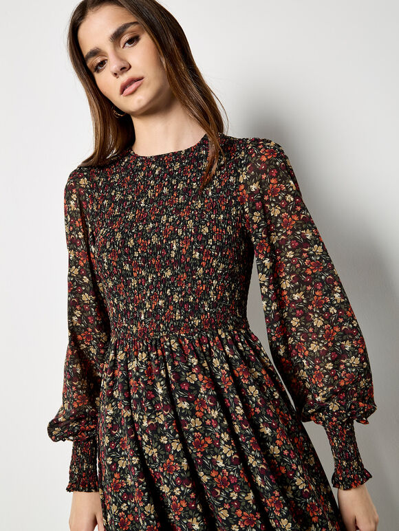 Ditsy Floral Smocked Mini Dress, Orange, large