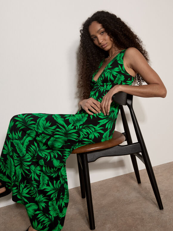 Tropical Leaf Jersey Maxi Dress, Black, large
