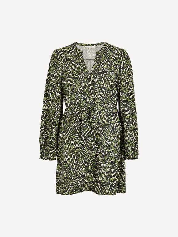 Animal Ikat Print Drawstring Mini Dress, Green, large