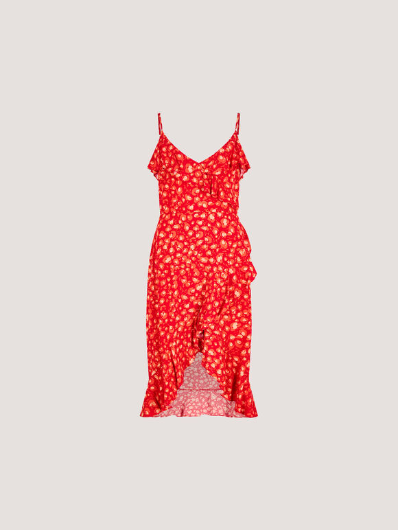 Leopard Print Ruffle Midi Dress, Red, large