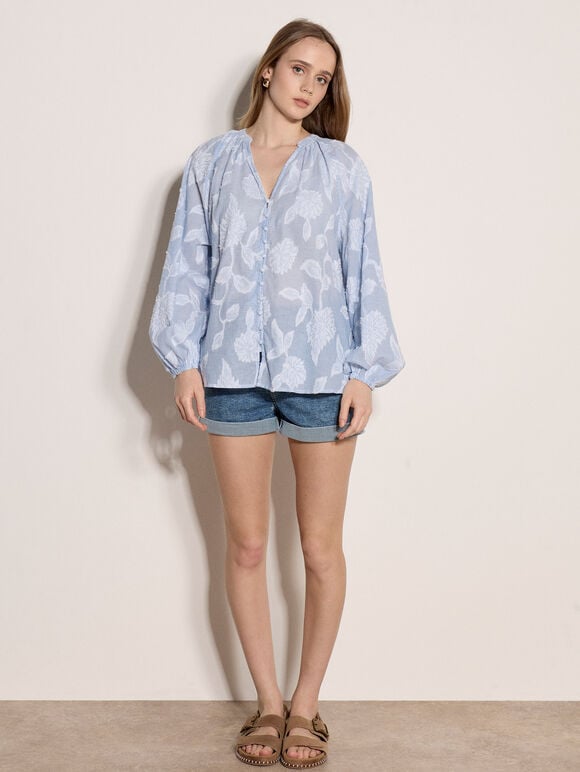 Embroidered Floral Stripe Blouse, Blue, large