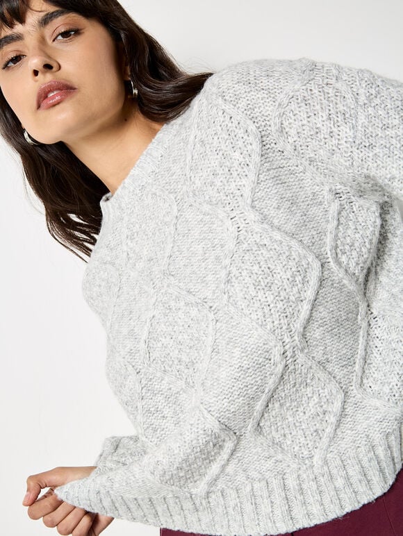 Chunky Cable Knit Crop Jumper, Grey, large